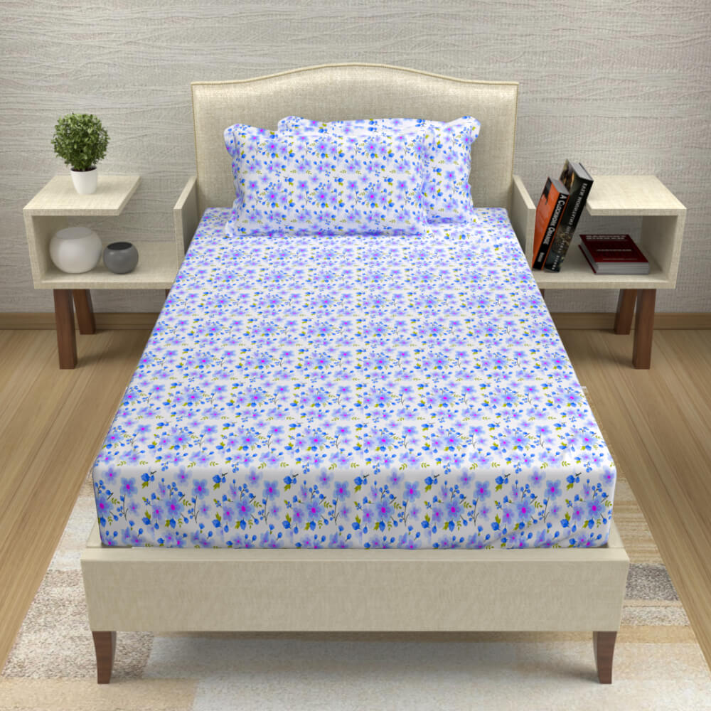 buy purple and blue delicate floral cotton single bed bedsheets online – side view